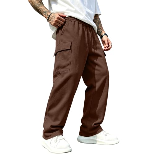 YSFWL Mens Straight Leg Trousers Lightweight Cargo Pants Elastic Waist with Pockets Relaxed Tracksuit Bottoms Casual Plain Sweatpants for Daily Wear