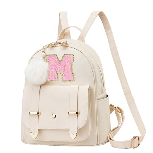 Image of Initial Cute Mini Backpack, Small Backpack Purse for Women Personalized Letter Style Small Leather Backpack Pompom Back Pack Shoulder Bag for Gifts, Travel - White (Letter M)