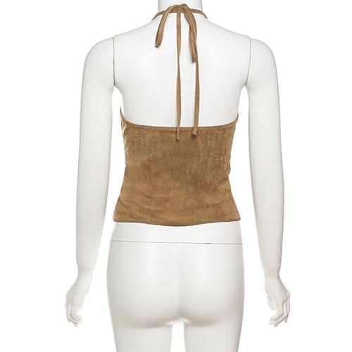 Nyeemya Camiseta Sin Mangas Mujer con Flecos de Vaquera del Oeste Estilo Vintage Top de Cuello Halter Ropa Casual S-L Marrón L