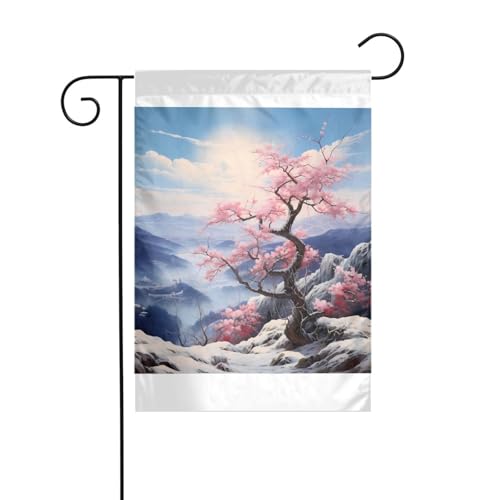 Wzywhj Bandera de jardín de verano con flores de ciruelo en montañas nevadas, decoración de doble cara, patio, 30,5 x 45,7 cm