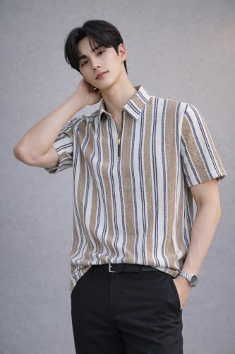Image of London Hills Men's Loose Fit Half Sleeve Vertical Striped Polo T-Shirt with Zip Collar | Premium Polyester Fabric | T Shirt for Man | Tshirt | Shirts Men | Tshirt for Man | Men T-Shirts