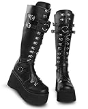 Gothniero Black Knee High Combat Platform Boots for Women Chunky Heeled Tall Booties Over-The-Knee Motorcycle Rave Cosplay Goth Shoes Lace-Up Size 5.5-11