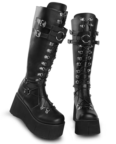 Image of Gothniero High Platform Knee Boots Chunky Heel Wedge Black Boots For Women Combat Goth Punk Motorcycle Booties Zip up With Metal Buckles Size5-11