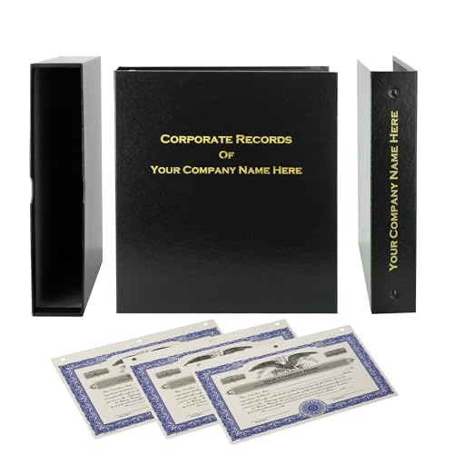 Corporate Kit (Black) - Binder Slipcase Minutes & Bylaws Stock Certificates with Stubs & Customizable Index Tabs