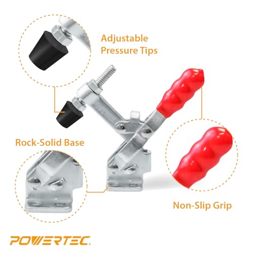 Image of POWERTEC 4PK Toggle Clamp, 200 lbs Holding Capacity, 12050 Quick Release Vertical Clamps w /Antislip Rubber Pressure Tip for Woodworking Jigs and Fixtures, Welding, Drill Press, Crosscut Sled (20328)
