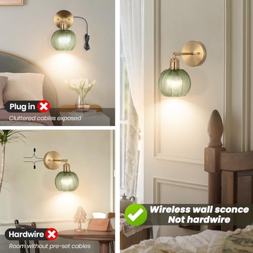 Image of Battery Operated Wall Sconce, Vintage Wall Sconce with Deep Green Tulip Glass Lampshade Rechargeable, Battery Wall Light with Remote,Wireless Wall Sconces, for Bedroom,Living Room, Hallway