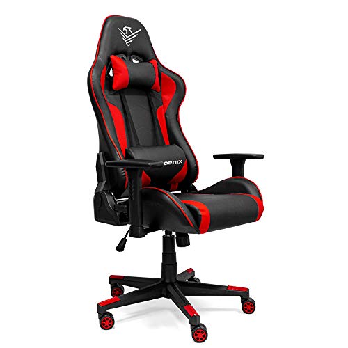 Phoenix Technologies - Silla Gaming XThrone, Cojín Cervical y cojín Lumbar, Cuero Sintético, Reposabrazos 2D Ajustables, Diseño Ergonómico, Ruedas de Nylon (Negro y Rojo)