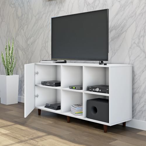 Image of VIKI Modern TV Unit for Living Room | Engineered Wood TV Cabinet with 1 Door Storage & 2 Open Shelves, Set Top Box Stand, Entertainment Unit, 140W x 74H x 40D cm | DIY | 1 Year Warranty (White)