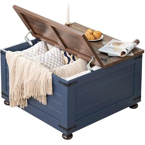 Joaxswe Farmhouse Coffee Table with Hidden Storage, 59 Gallon Square Center Table for Living Room, Rustic Wood Cocktail Tables with Flip-Top Lids, Farm House Tables with Wooden Gourd Feet, Navy Blue Cover