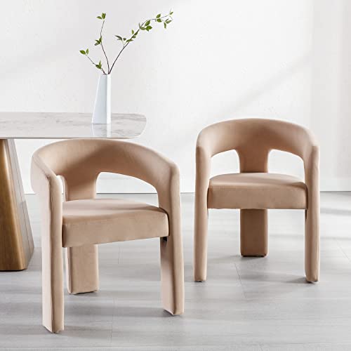 Bestano Modern Velvet Fabric Upholstered Dining Chairs, Cute Barrel Side Chairs Kitchen Armchair Accent Chairs For Dining Room/Bedroom/Makeup, Khaki #TOP1