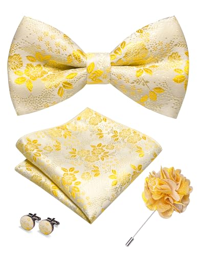 JEMYGINS Floral Pre-tied Yellow Bow Tie and Pocket Square Cufflinks Lapel Pin Sets for Men(21)