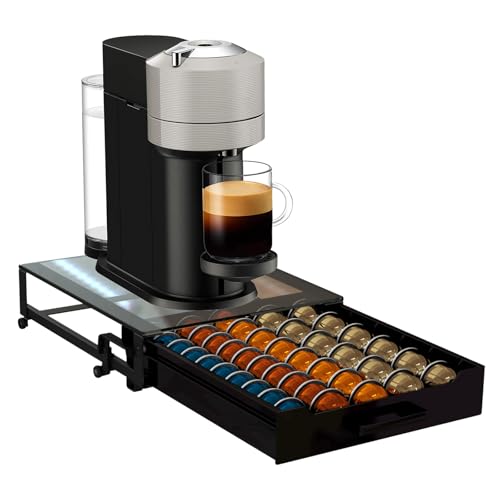Coffee Pod Rolling Drawer Organizer with Crystal Clear Tempered Glass Topboard, Compatible for 75 Small or 50 Big Nespresso Vertuo Pods