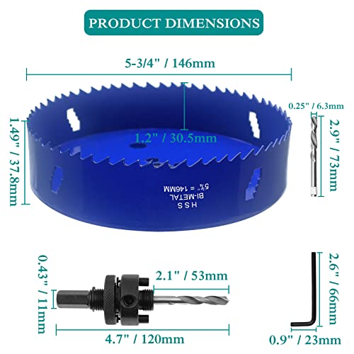 Image of 5-3 /4 Inch Hole Saw with Arbor, 1.2 Inch Cutting Depth | Heavy Duty, HSS Bi-Metal, For Wood Cornhole Boards Plastic Drywall & Thin Metal, Smoothly Cutting