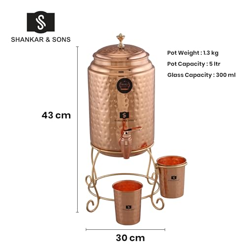 Image of SHANKAR & SONS 5 Litre Copper Water Dispenser Pot with Golden Iron Stand and 2 Glasses | Hammered Texture, Non-Toxic, BPA Free with Added Health Benefits Traditional Matka for Drinking Water