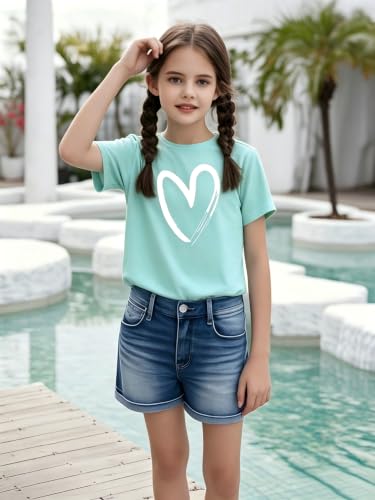 Image of Girls Short Sleeve Tee Shirts Kids Summer Crewneck Tops 5-14 Years | Soft lightweight kids heart graphic print basic tshirts for daily, sports, school, party & outdoor activities
