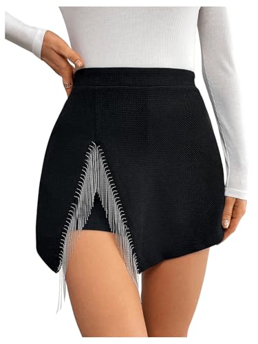 WDIRARA Women's Sparkly Rhinestone Fringe Trim Skorts High Waisted Split Side Skirt Shorts Black Medium