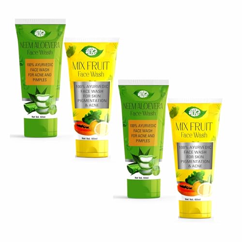 Image of Meghdoot Neem Aloevera Face Wash And Mix Fruit Face Wash Herbal Combo For Oily And Dry Skin Deep Cleansing And Glowing Skin For Men And Women 60ml each (Pack of 2+2)