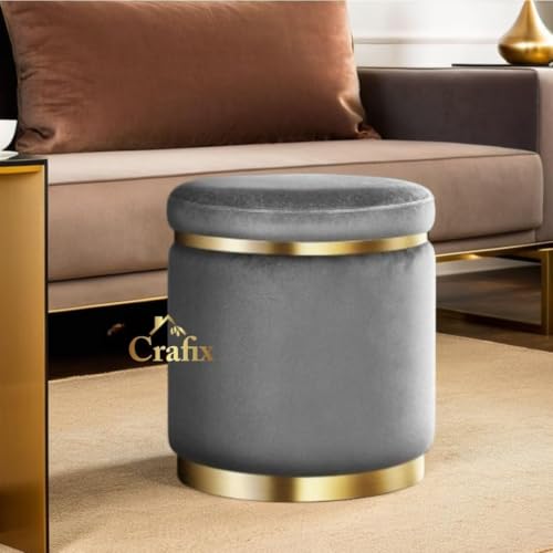 Image of Velvet Puffy Ottoman Stool, Round Footrest with Diamond Quilting and Gold Base, Grey, for Living Room, Bedroom and Dressing Area (Grey)