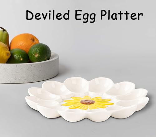 YU&CH Ceramic Sunflower Deviled Egg Tray - White Egg Platter For Party by YU&CH - Image 2