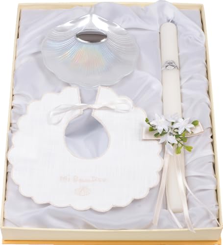 Estuche de Bautizo de Vela con Lazo, Babero de Lino y Concha Bautismal de Cristal Nacar. Con apliques Laminados en Plata de Ley 925‰ y Personalizado. (09685-N)