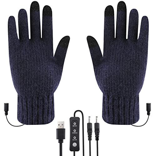 Gants Chauffants Électriques Achort Gants d'hiver en Tricot avec écran Gant Tactile Efficace, Gants Chauffants Hiver pour Ski Snowboard Running Vélo Randonnée Camping Femme Homme Enfant (Bleu Marine) Cover
