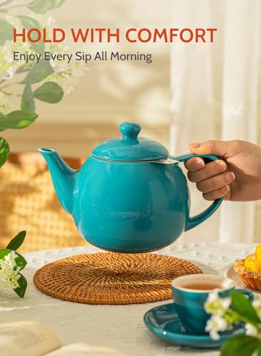 Image of Sweese Teapot, Porcelain Tea Pot with Stainless Steel Infuser, Blooming & Loose Leaf Teapot - 27ounce, Steel Blue