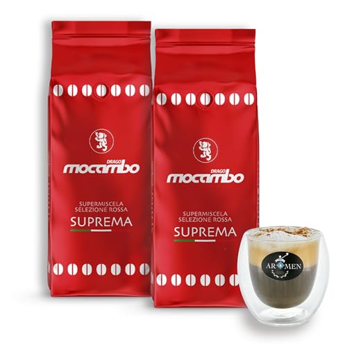 Mocambo Suprema Rot Kaffeebohnen Arabica Robusta 2kg (2er Pack) + Glas