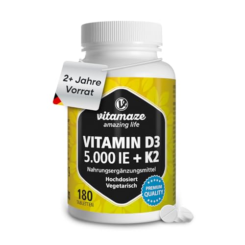 Vitamin D3 K2 mit Vitamin K2 MK7 All Trans Form 2+ Jahre Vorrat 1000 IE pro Tag 180 Tabletten Vitamin D ohne unnötige Zusatzstoffe in Deutschland hergestellt