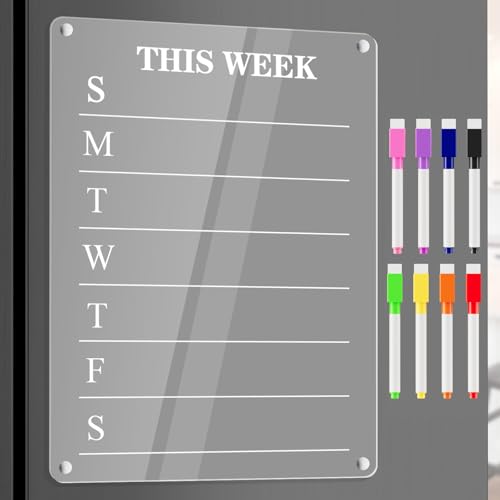 Acrylic Magnetic Calendar for Fridge Dry Erase Board Calendars Weekly Planner Whiteboard for Refrigerator Magnetic WhiteBoard with 8 Colors Markers 12\'\' x 8\'\'