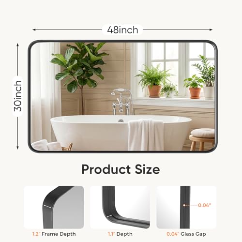 Image of Sweetcrispy Bathroom Wall Mirror, 48x30 Inch Wall Mount Mirror for Over Sink, Modern Rounded Rectangle Vanity Mirrors with Matte Metal Framed, for Home Decor, Living Room, Bedroom, Black