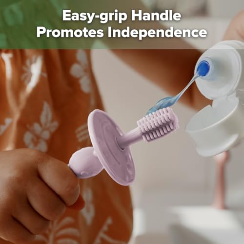 Image of haakaa 360 Baby Toothbrush with Suction Base - Lavender | Gentle Cleaning for Infants, Gum Massage, BPA-Free, Food-Grade Silicone, Adjustable Safety Shield, Safe for Babies 6 Months+