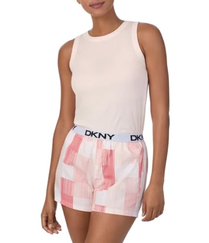 DKNY Womens 2 Piece Outfit Clothing Set - Tank Top & Short (Pearl Cream Pink Plaid Stripe Print X-Large)
