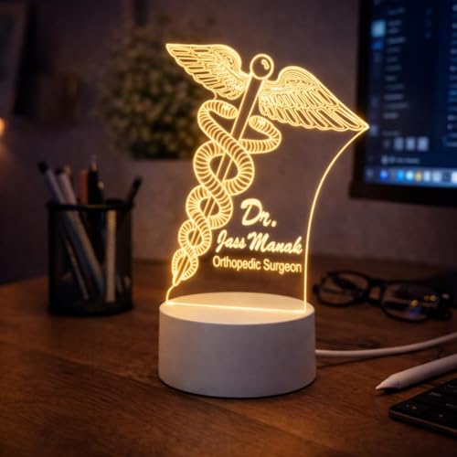 Image of Doctor Themed 3D Illusion LED Night Lamp - Personalized Medical Professional Name Lamp - Warm White USB Powered Acrylic Table Light - Gift for Doctors, Nurses, Healthcare Workers (Dr lamp 1)
