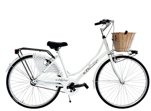 MADICKS Bicicleta para mujer de paseo Holanda tamaño 26 bicicleta de ciudad vintage retro blanca con cesta (cesta de mimbre)