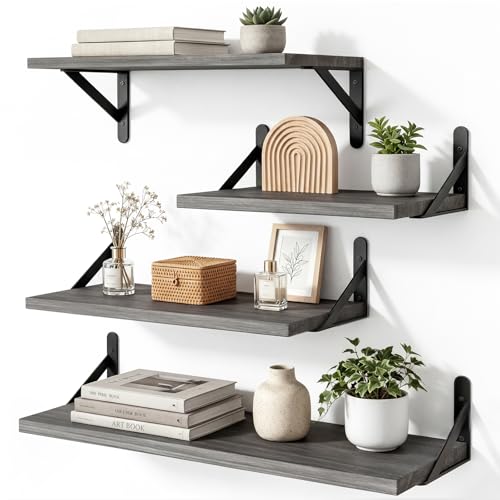YGEOMER Floating Shelves for Wall, Different Sizes Weathered Gray Wall Shelves for Living Room, Bathroom, Bedroom, Kitchen, Home Decor (Set of 4)
