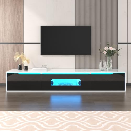 Meuble TV bas 180 x 35 x 30 cm avec LED, montage mural, façade brillante, noir/blanc