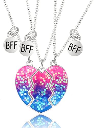 MenYiYDS 3 Pcs BFF Necklaces Best Friends Friendship Chain Necklace Birthday Gifts Chain Pendant Gifts for Girls (Pink and Blue)