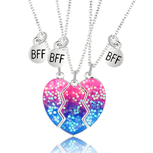 MenYiYDS 3 Pcs BFF Necklaces Best Friends Friendship Chain Necklace Birthday Gifts Chain Pendant Gifts for Girls (Pink and Blue)