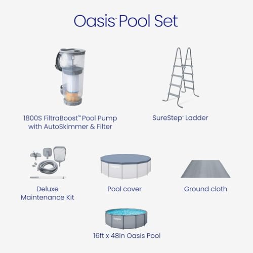 Funsicle Oasis Above Ground Metal Frame Swimming Pool Set – with FB1800S AutoSkimmer Pump, Ladder, Cover, Cloth & Deluxe Maint. Kit, 16\' x 48\", Round, Gray
