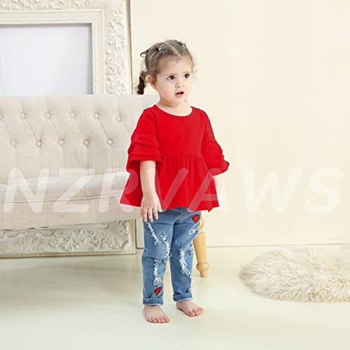 Nzrvaws Infant Baby Girl Clothes 12-18 Months Toddler Jeans For Kids Girls Ruffle Outfits Short Sleeve Shirt Tops + Floral Denim Pants 2 Piece Clothing Sets Red #TOP1