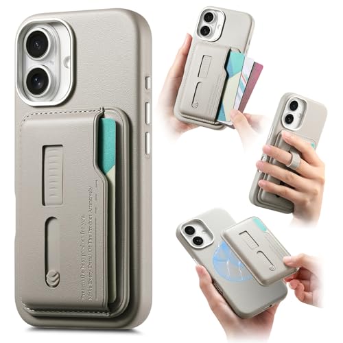 iPhone 17 Pro Max/17 Pro/17 Air/17用ケース、取り外し可能なウォレットカードホルダーレザーソフトTPU耐衝撃保護バンパースリムPCバックカバー、フィンガーリストバンド付き(グレー、17 Pro)