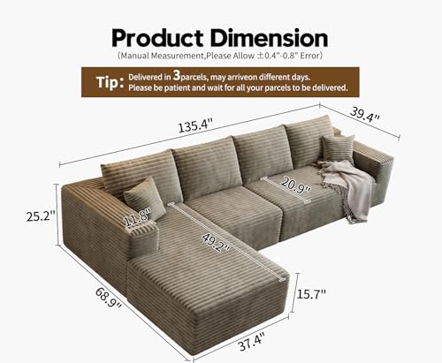Image of 135.4 inch Cloud Modular Sectional Sofa Couch with L-Shape Chaise,Modern Minimalist Upholstered Couches for Living Room Bedroom,Deep Seat Corner Couch,No Assembly Required (Camel,Left Facing Chaise)