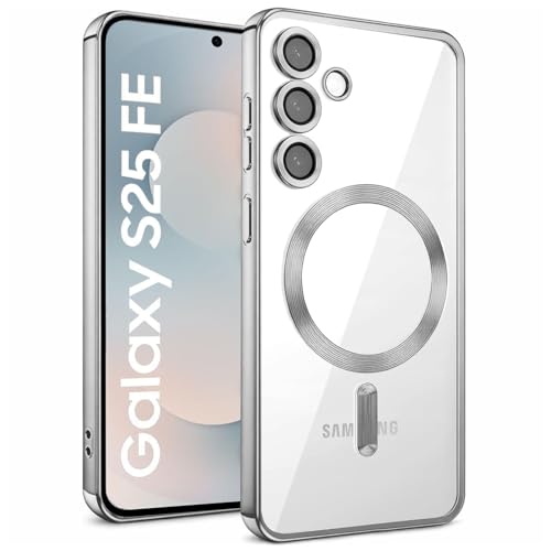 Image of VONZEE Clear Logo Electroplating Transparent Case for Samsung S25 FE 5G, Magnetic Plating [Support for MagSafe Charger] Electroplate TPU Cover, Individual Camera Protection for Each Lens - Grey