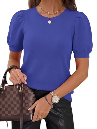 Image of PRETTYGARDEN Womens Sweaters Spring 2026 Summer Puff Short Sleeve Sweater Trendy Cute Knit Work Blouses Business Casual Tops