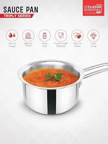 Image of Classic Essentials Triply Stainless Steel Saucepan (16cm, 1500ml) | Stove & Induction Cookware | Heat Surround Cooking | Easy Grip Handles | Steel Tea & Milk Pan with Handle | Steel Patila