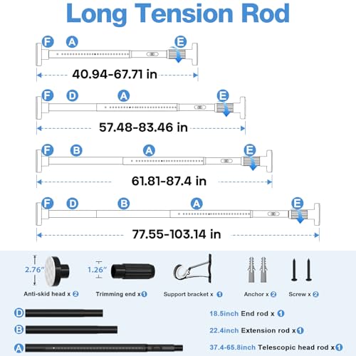 Image of Long Tension Rod 41-103inch Black Tension Curtain Rods no Drilling