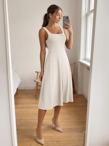 Image of ODODOS Square Neck Midi Dress with Pockets for Women Summer Casual Sleeveless Sundress Flare Tank Dress