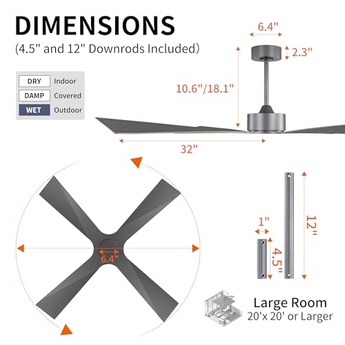 Image of WINGBO 64 inch Wet Rated Outdoor Ceiling Fan without Lights, 4 ABS Plastic Blades, 6-Speed Reversible Quiet DC Motor, Waterproof Ceiling Fan No Lights for Patio Porch Gazebo Garage, Brushed Graphite