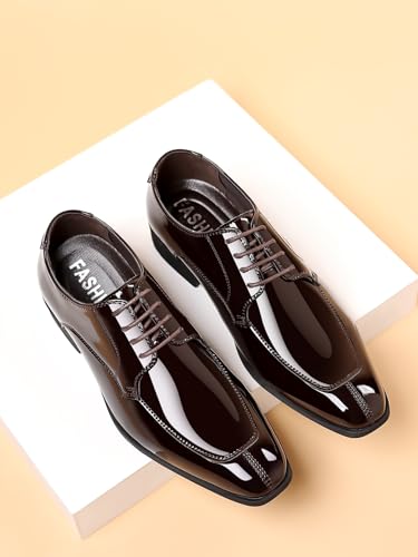 Image of Men's Fashion Square Toe Faux Patent Leather Tuxedo Dress Shoes Formal Business Oxford Weddings Prom
