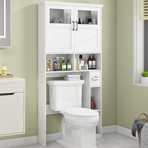 Vabches Over The Toilet Storage Cabinet, Storage Cabinet Over Toilet with Double Doors & Toilet Paper Holder Stand, Freestanding Toilet Shelf Space Saver with Anti-Tip Design & Adjustable Shelf, White Cover
